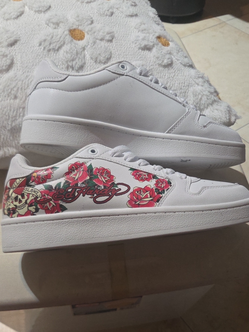 Ed Hardy White Sneakers with Red Rose and Black Logo Accents